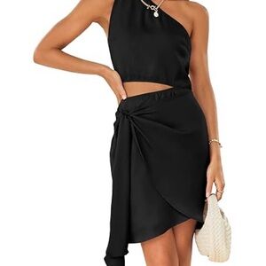 Black Satin One-Shoulder Side Tie Mini Dress
